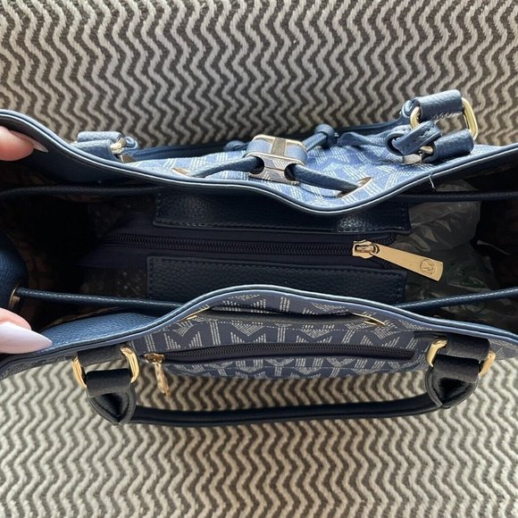 Milan Purse Shoulder Bucket Bag Navy Blue Canvas W/ Monogram White Double Handle - Picture 4 of 8